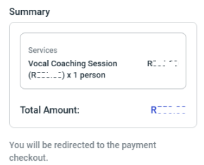 Book a Session checkout summary page Book a Session checkout summary page