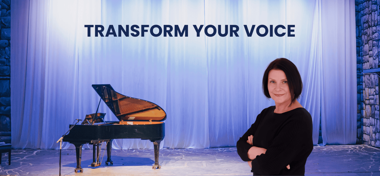 Vocal Coaching with Karen Malherbe Karen Malherbe vocal coach on stage with the message Transform Your Voice