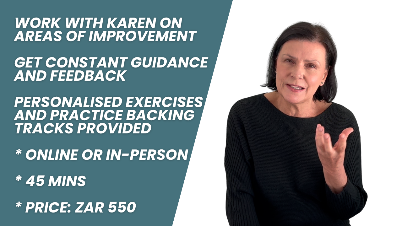 Vocal Coaching with Karen Malherbe Karen Malherbe vocal coach explaining online and in-person vocal coaching sessions